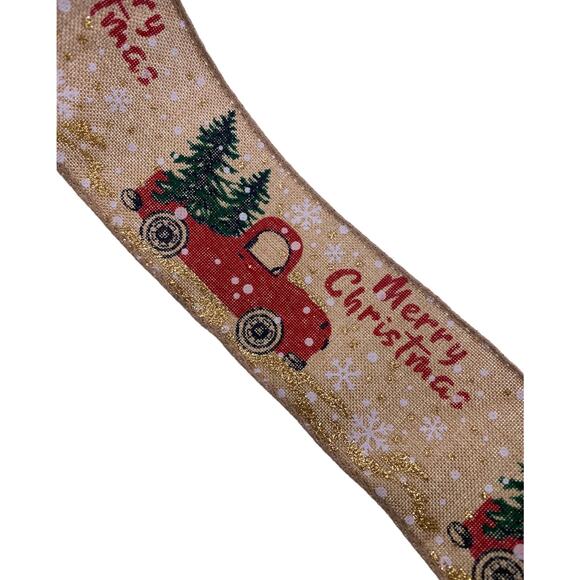2” Beige Red Truck Wired Winter Christmas Ribbon For Farmhouse Wreath & Bows - Picture 1 of 2